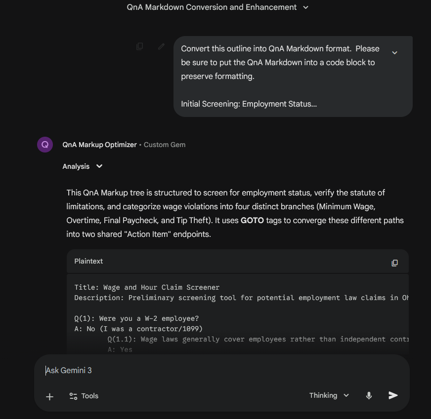 Gemini interface (dark mode) showing the QnA Markup Optimizer Gem in a conversation titled “QnA Markup Decision Tree Generation.” The user’s brief prompt says “put in a code block.” The Gem responds with QnA Markup for an “Employment Intake & Consultation Screener” described as “Verifies W-2 status and routes to a consultation if ineligible.” The code shows a linear intake flow: Q(employment_status): “Were you a W-2 Employee?” → Yes → Q(employer_name): “What was the name of your employer?” → X: (free text) → Q(job_title): “What was your job title at <x>employer_name</x>?” → X: → Q(years_worked): “How many years did you work there?” → X:number → Q(final_confirmation) partially visible. This demonstrates the Gem generating a simpler guided interview structure with variable interpolation.