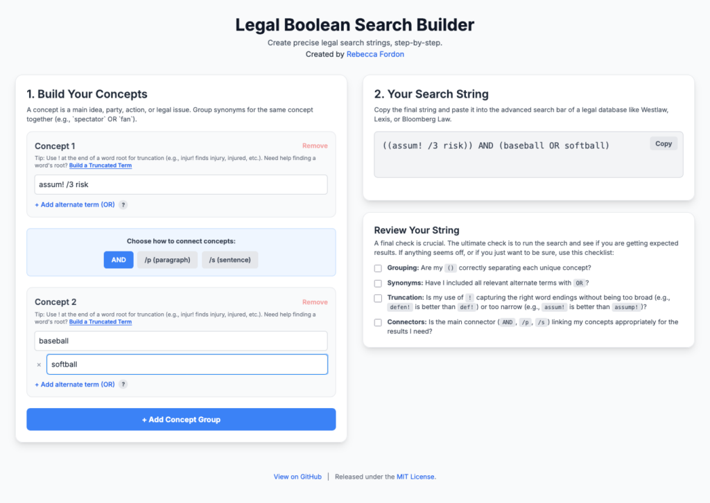 A screenshot of the Legal Boolean Search Builder, as described in the rest of this post, and available at https://rlfordon.github.io/BooleanBuilder/